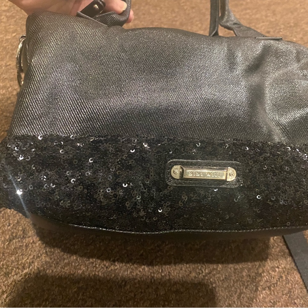 EUC Nine West Black Sequins Shoulder Bag Handbag Satchel Tote Purse carry on